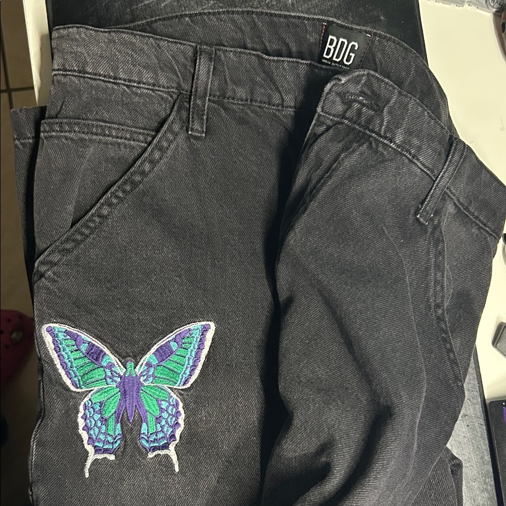 BDG Charcoal Pants with Colorful Butterfly Embroidery